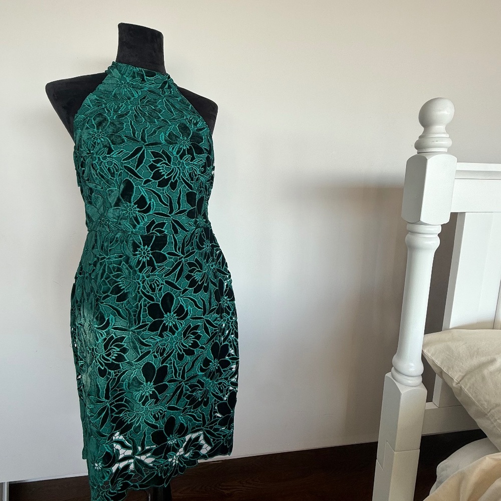 Boston Proper High-Neck Green Velvet Lace Sheath Dress